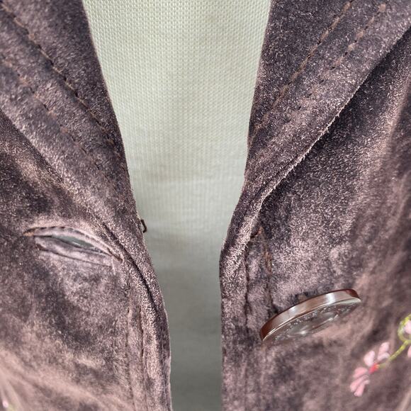 Y2K Suede Leather Jacket Floral Embroidery Front Button Down Brown Womens Medium - Picture 5 of 12